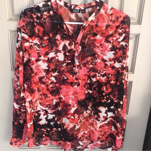 Ana SzL Button Down Blouse Pink/Blk Long Sleeve V Neck Button Cuffs - Picture 10 of 10